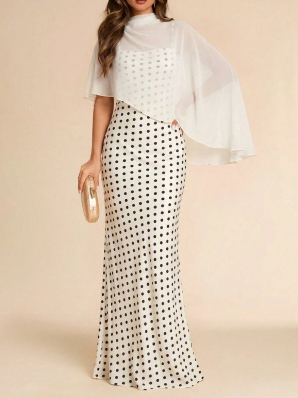 Ivory Polka Dot Maxi Dress with Sheer Cape Overlay